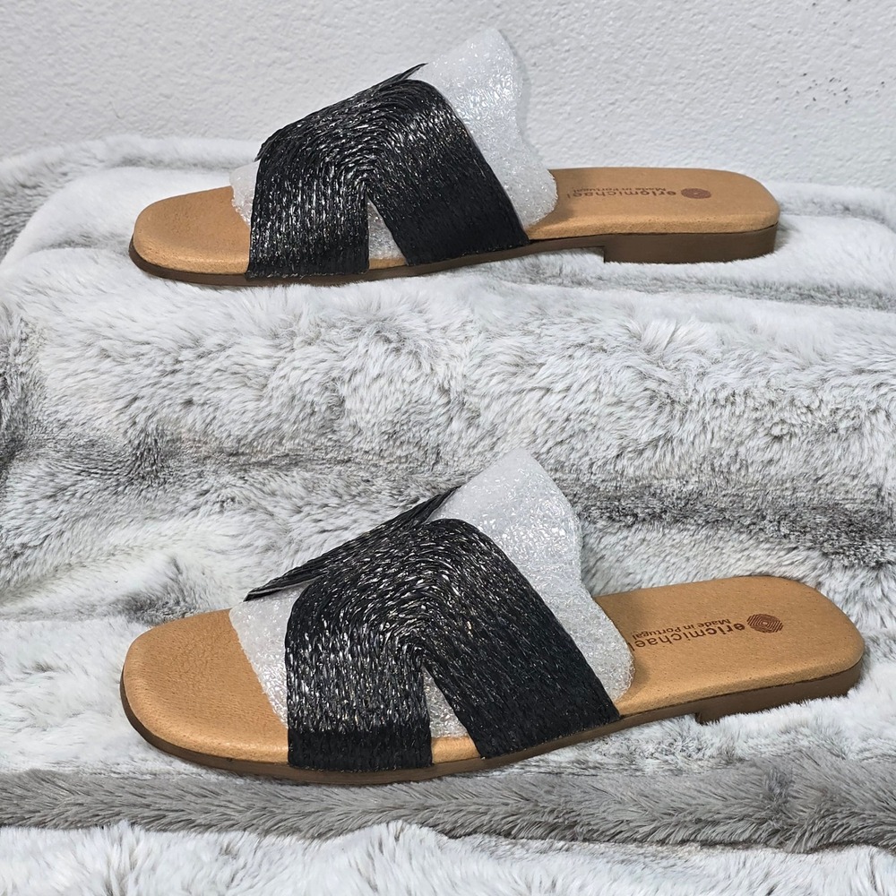 New‎ Eric Michael Raffi Black Woven Flat Slide Sandals Women EU 37 US 7